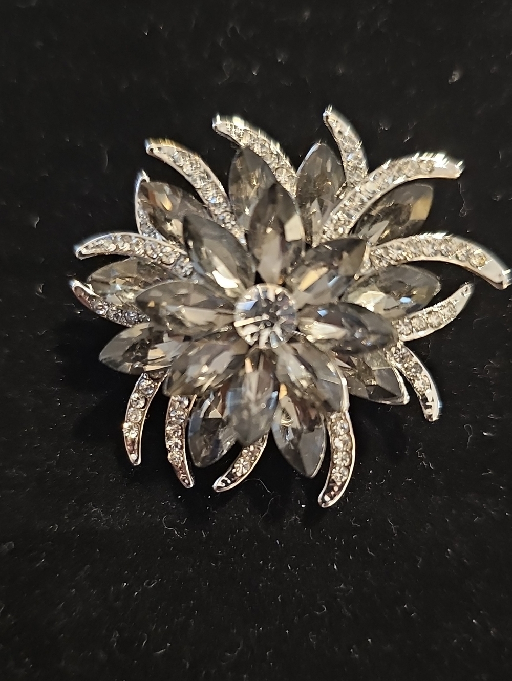 Crystal Flower Brooch Pin - Smoke Gray Sparkle. With Reinstones.